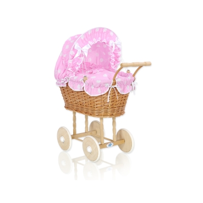 Poppenwagen Rotan Roze Polkaprikker