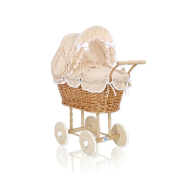 Poppenwagen Rotan Wit Beige Polkaprikker