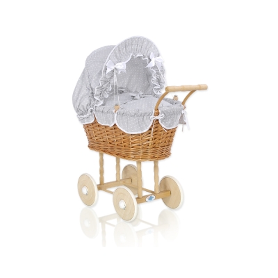 Poppenwagen Rotan Wit Grijs Polkaprikker