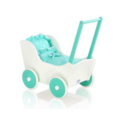 Poppenwagen van Hout met Dekentje Mint Wit
