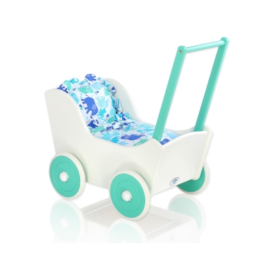 Poppenwagen van Hout met Dekentje Mint Wit