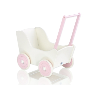 Poppenwagen van Hout met Dekentje Roze Wit
