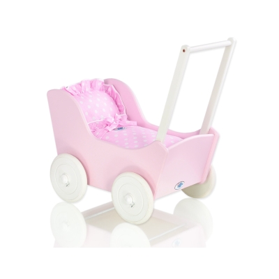 Poppenwagen van Hout met Dekentje Roze Wit