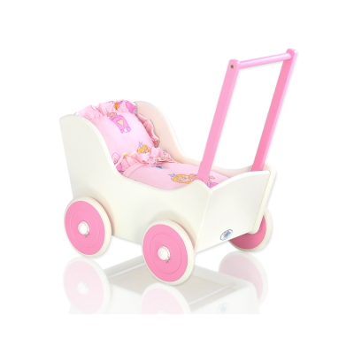 Poppenwagen van Hout met Dekentje Wit