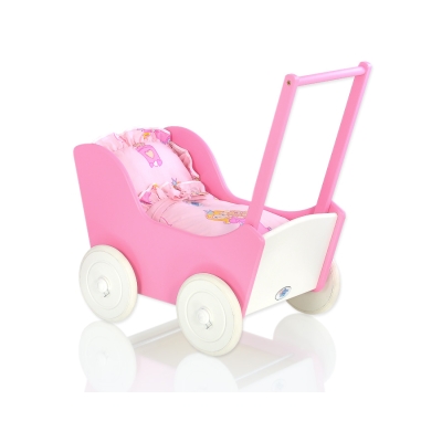 Poppenwagen van Hout met Dekentje Wit