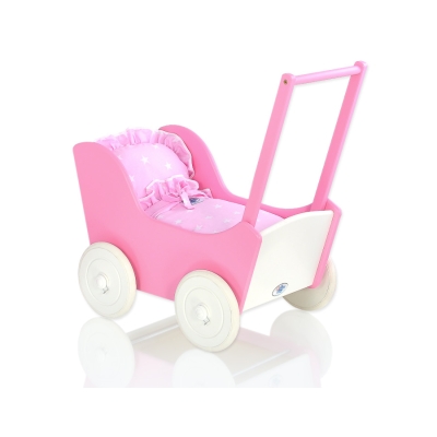 Poppenwagen van Hout met Dekentje Wit