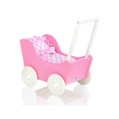 Poppenwagen van Hout met Dekentje Wit