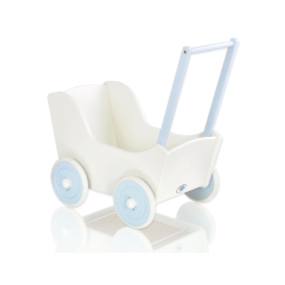 Poppenwagen van Hout met Dekentje Wit Blauw