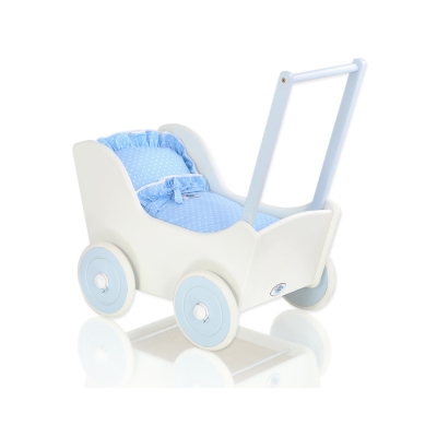Poppenwagen van Hout met Dekentje Wit Blauw