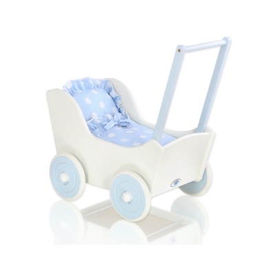 Poppenwagen van Hout met Dekentje Wit Blauw