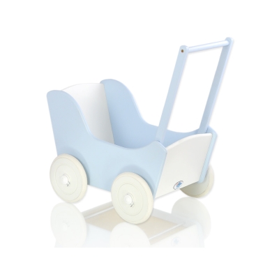 Poppenwagen van Hout met Dekentje Wit Blauw