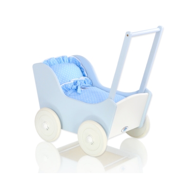 Poppenwagen van Hout met Dekentje Wit Blauw