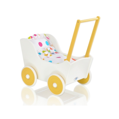 Poppenwagen van Hout met Dekentje Wit Geel