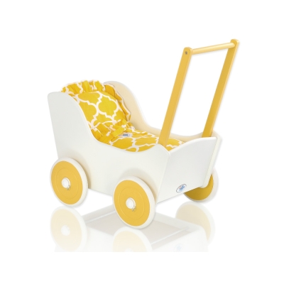 Poppenwagen van Hout met Dekentje Wit Geel