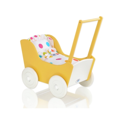 Poppenwagen van Hout met Dekentje Wit Geel