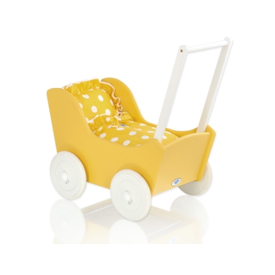 Poppenwagen van Hout met Dekentje Wit Geel Polkaprikker