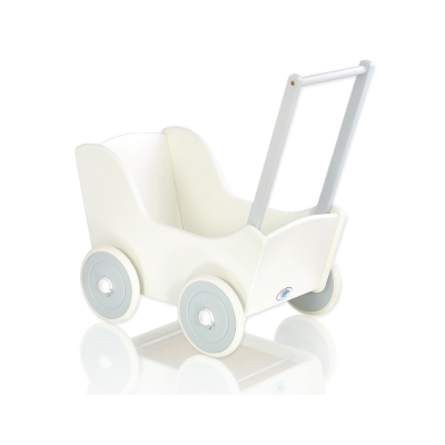 Poppenwagen van Hout met Dekentje Wit Grijs