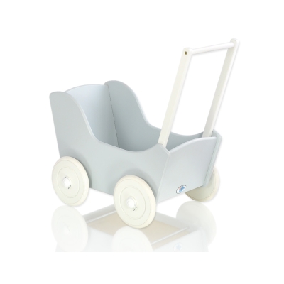 Poppenwagen van Hout met Dekentje Wit Grijs
