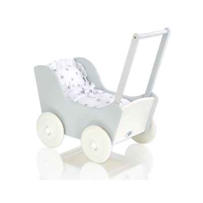 Poppenwagen van Hout met Dekentje Wit Grijs