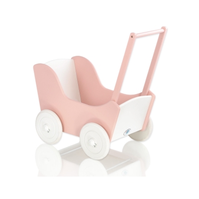 Poppenwagen van Hout met Dekentje Wit Poederroze