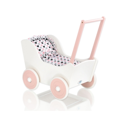 Poppenwagen van Hout met Dekentje Wit Poederroze