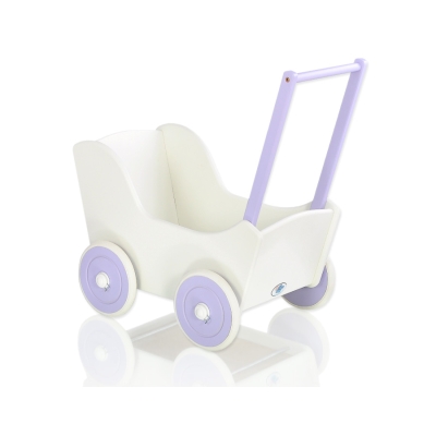 Poppenwagen van Hout met Dekentje Wit Purper