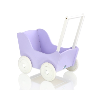 Poppenwagen van Hout met Dekentje Wit Purper