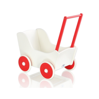 Poppenwagen van Hout met Dekentje Wit Rood