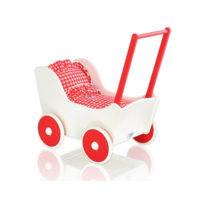 Poppenwagen van Hout met Dekentje Wit Rood