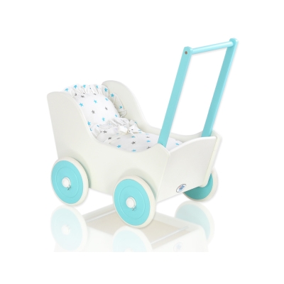 Poppenwagen van Hout met Dekentje Wit Turkoois