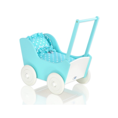 Poppenwagen van Hout met Dekentje Wit Turkoois