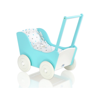 Poppenwagen van Hout met Dekentje Wit Turkoois