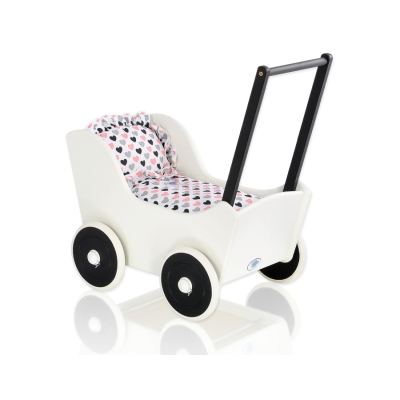 Poppenwagen van Hout met Dekentje Wit Zwart