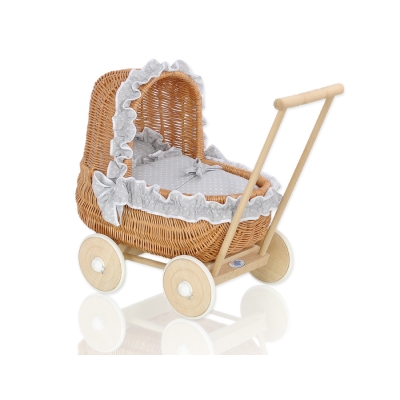 Poppenwagen van Natuurlijke Riet Wit Grijs Polkaprikker