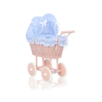 Poppenwagen van riet Blauw Polkaprikker Poederroze