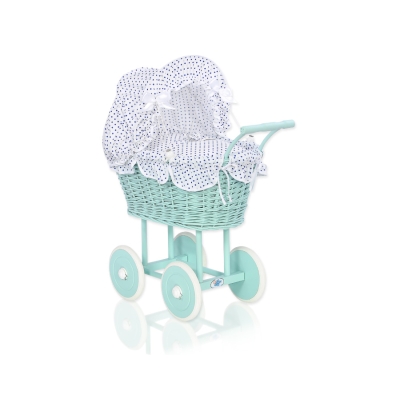 Poppenwagen van riet Mint Wit Marineblauw Polkaprikker