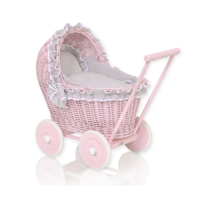 Rieten poppenwagen roze