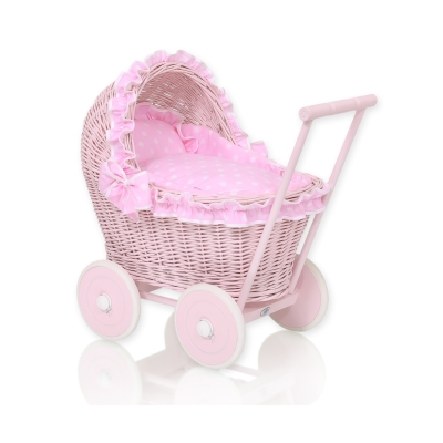 Poppenwagen van riet Roze Polkaprikker
