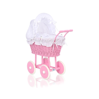 Poppenwagen van riet Roze Wit