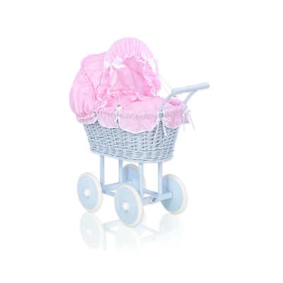 Poppenwagen van riet Roze Wit Blauw Polkaprikker