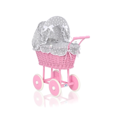Poppenwagen van riet Roze Wit Grijs Polkaprikker