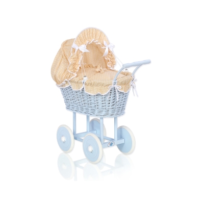 Poppenwagen van riet Wit Beige Blauw Polkaprikker