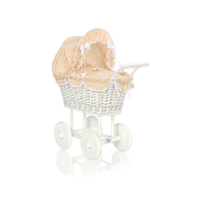 Poppenwagen van Riet Wit Beige Polkaprikker