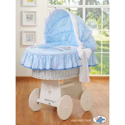Rieten Babybed met Kap Blauw Teddy Bear Branaba