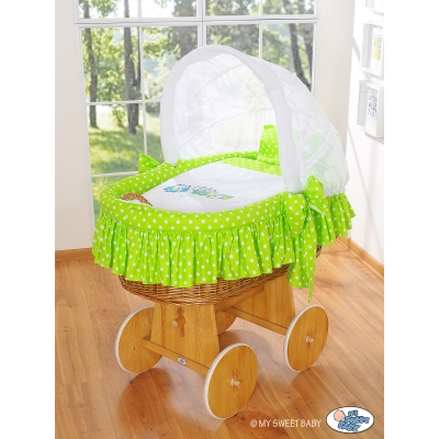 Rieten Babybed met Kap Groen Gelukkige Uilen