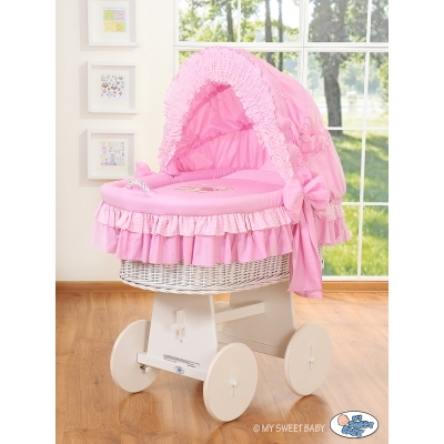Rieten Babybed met Kap Roze Bear With Bow