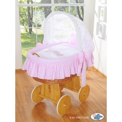 Rieten Babybed met Kap Roze Gelukkige Uilen