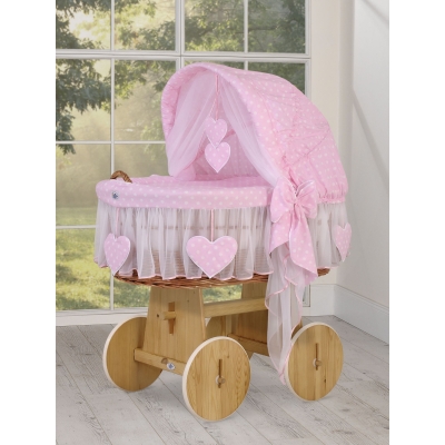 Rieten Babymand met Kap Roze Polkaprikker Amelie