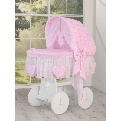 Rieten Babymand met Kap Roze Polkaprikker Amelie