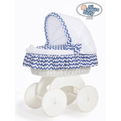 Rieten en Houten Wieg - met Kap - Komplett-Set Wit Marineblauw Hanna